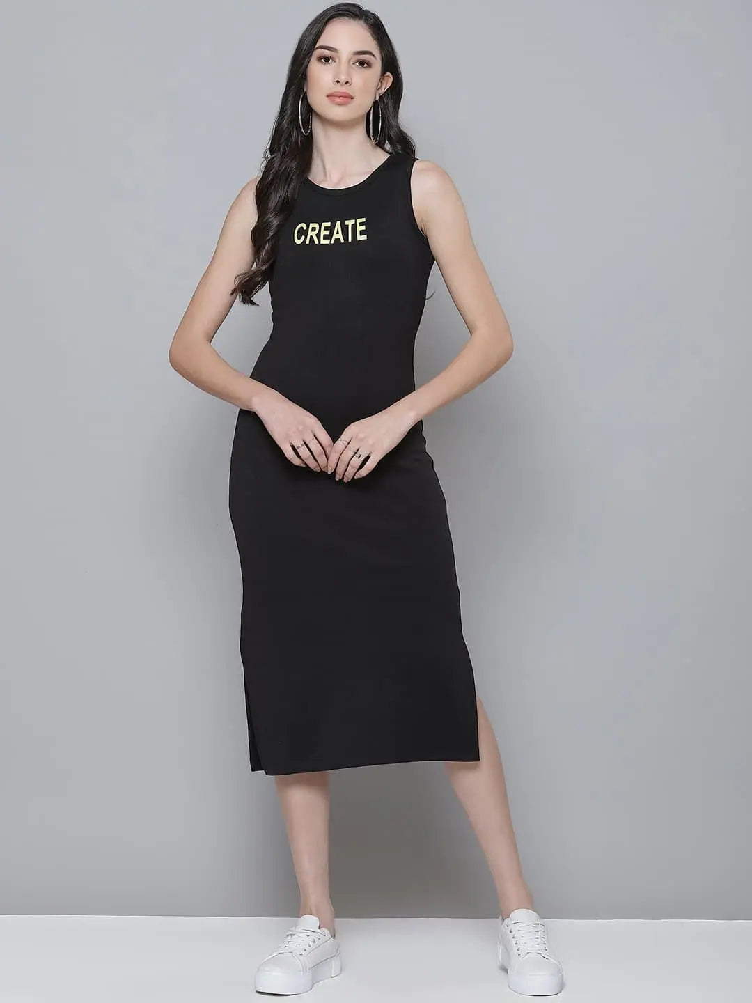 Black Rib Sleeveless Dress | CREATE Graphic Print