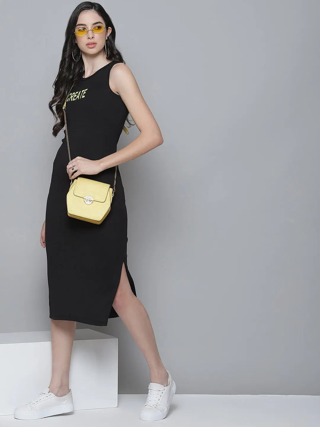 Black Rib Sleeveless Dress | CREATE Graphic Print