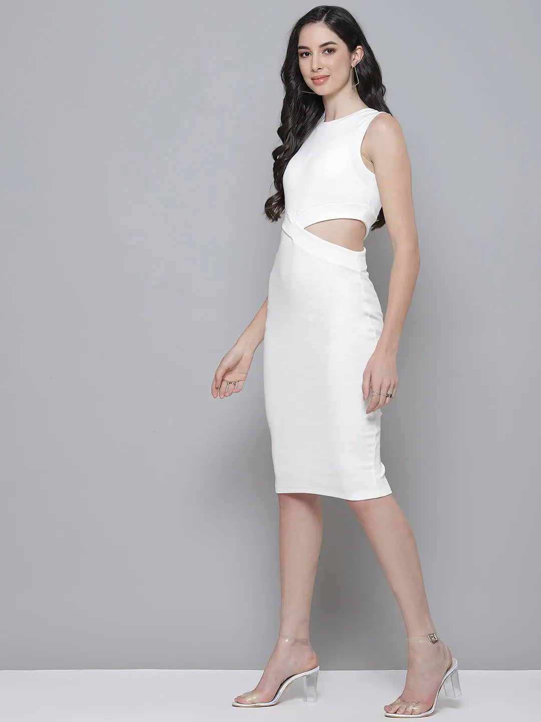 White Rib Bodycon Dress - Chic Side Cut-Out Dress for Women
