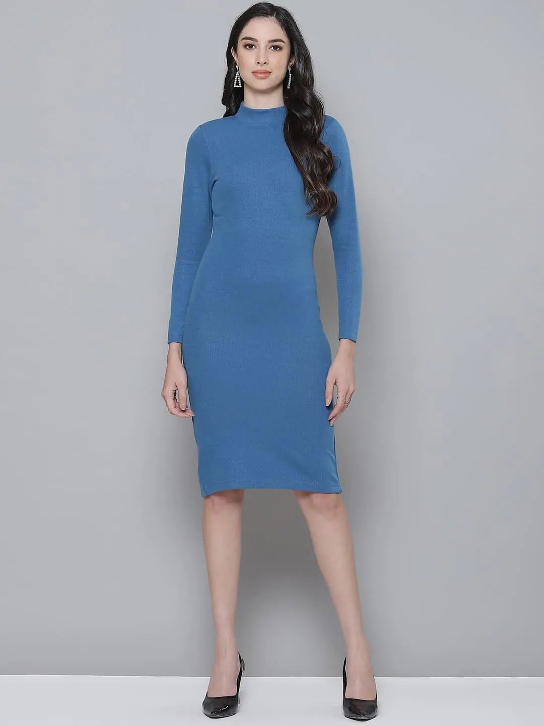 Blue Ribbed Bodycon Dress | Turtle Neck & Zipper Detail