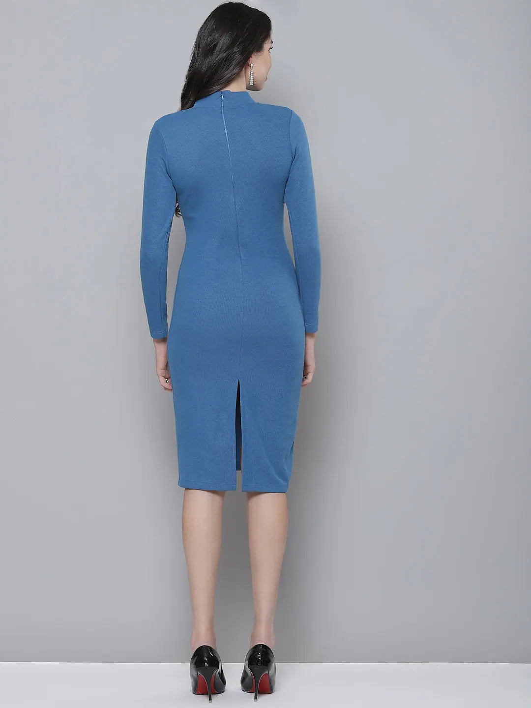 Blue Ribbed Bodycon Dress | Turtle Neck & Zipper Detail