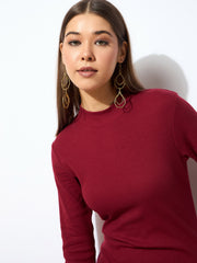 Women Maroon Rib Turtle Neck Zipped Bodycon Dress-SFDRSS10375