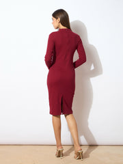 Women Maroon Rib Turtle Neck Zipped Bodycon Dress-SFDRSS10375