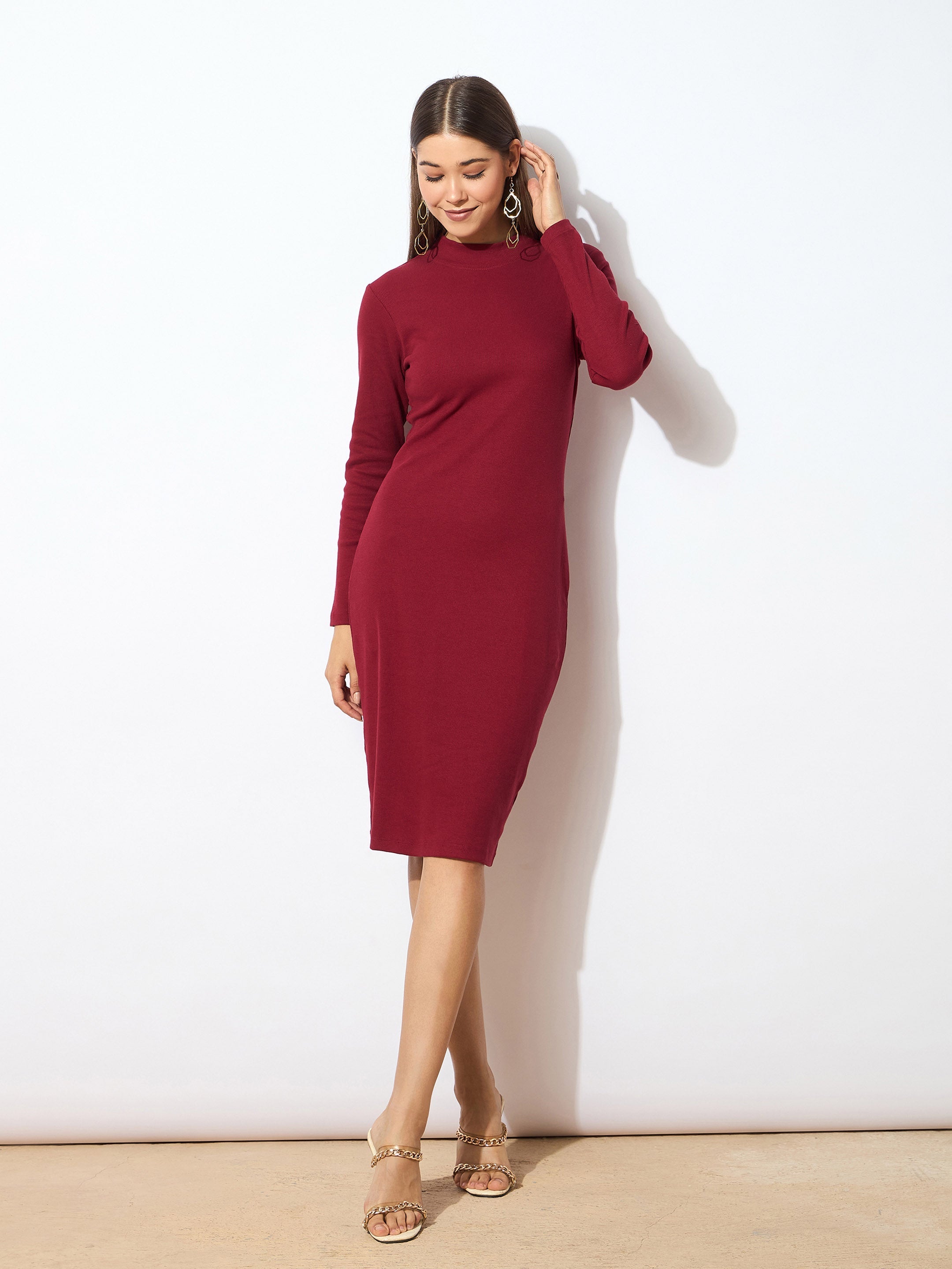 Women Maroon Rib Turtle Neck Zipped Bodycon Dress-SFDRSS10375