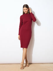 Women Maroon Rib Turtle Neck Zipped Bodycon Dress-SFDRSS10375