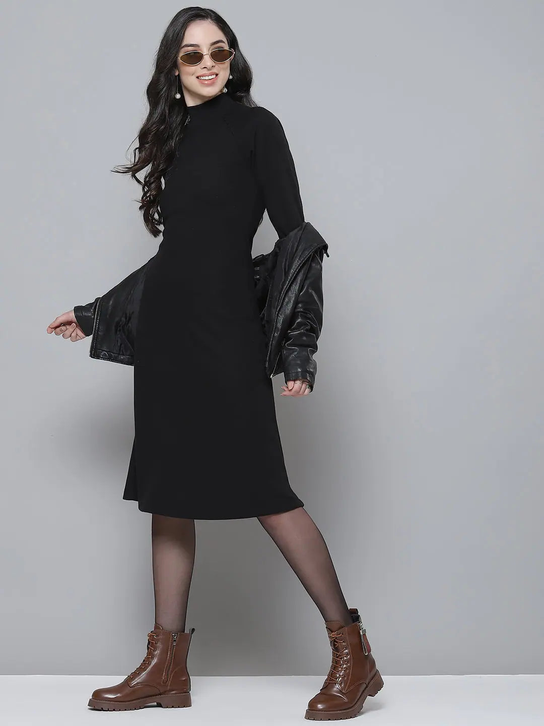 Black Ribbed Midi Dress | Turtle Neck Women's Dress