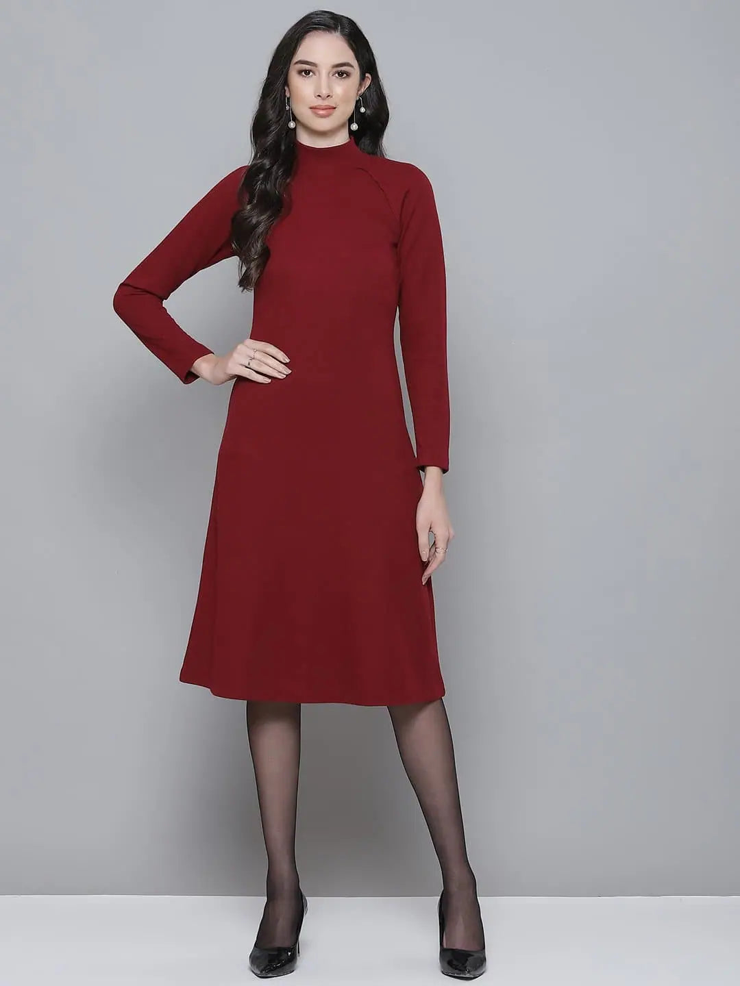 Maroon Rib Midi Dress - Turtle Neck Cotton A-Line Dress