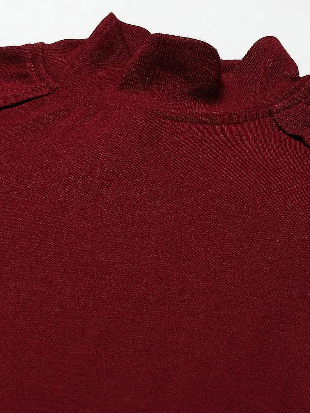 Maroon Rib Midi Dress - Turtle Neck Cotton A-Line Dress
