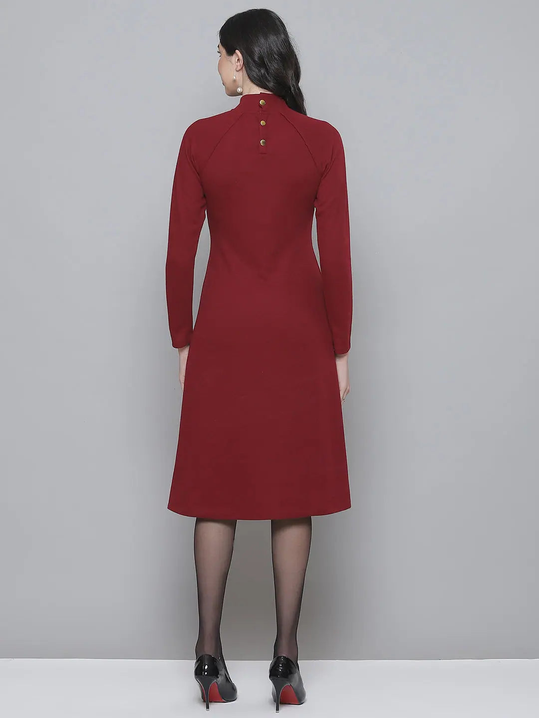 Maroon Rib Midi Dress - Turtle Neck Cotton A-Line Dress