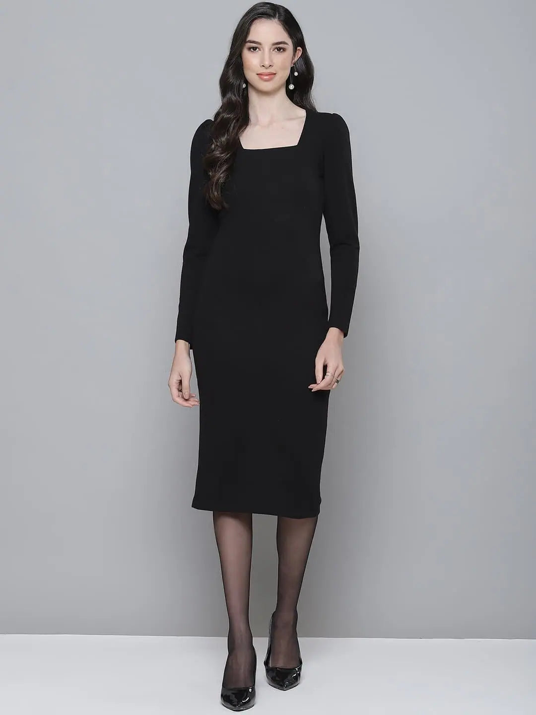 Black Ribbed Puff Sleeve Bodycon Dress