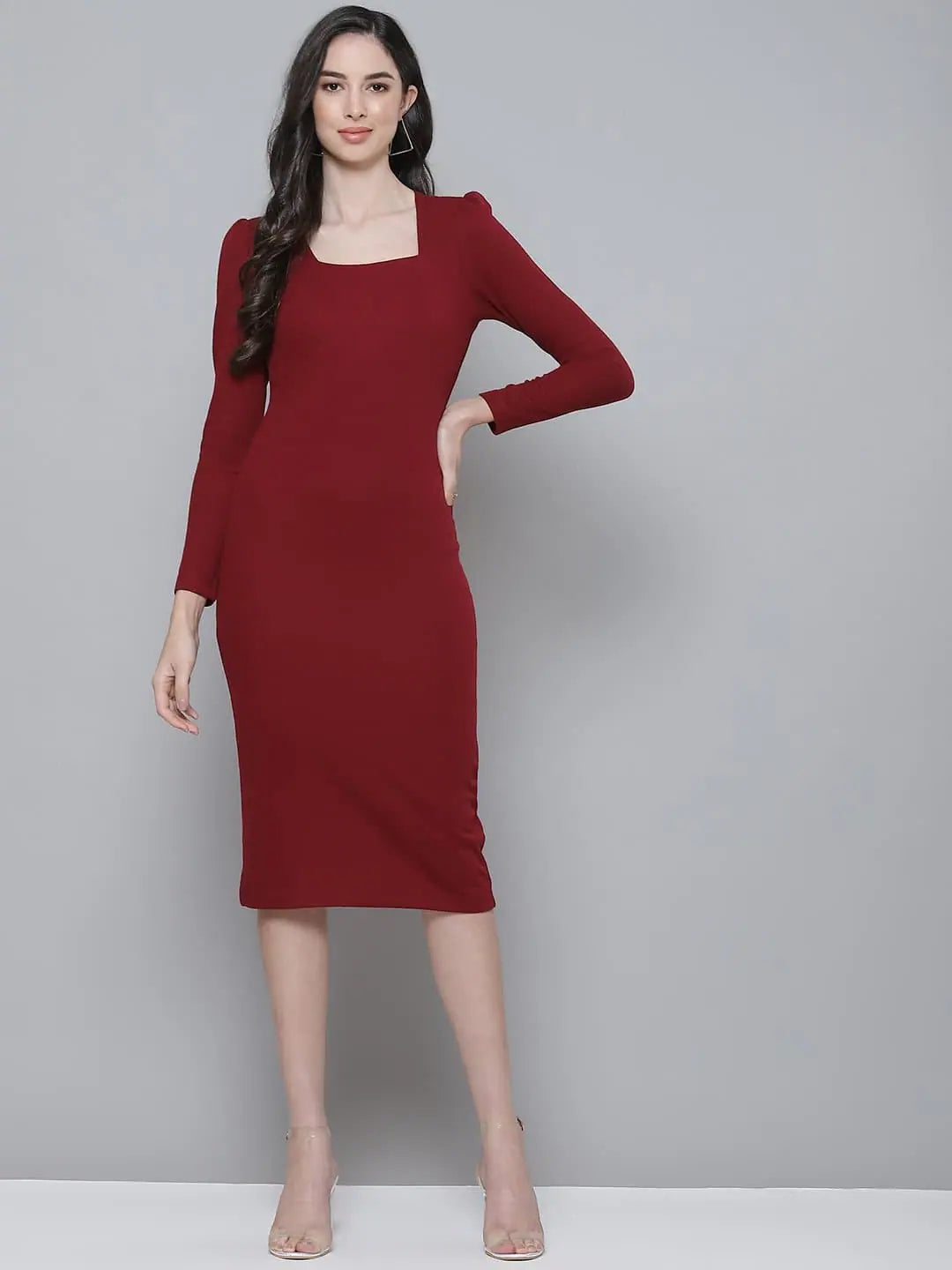 Maroon Rib Bodycon Dress - Puff Sleeves, Square Neck
