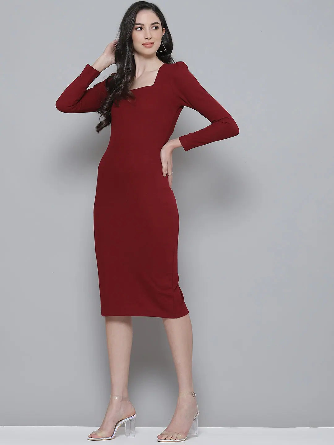 Maroon Rib Bodycon Dress - Puff Sleeves, Square Neck