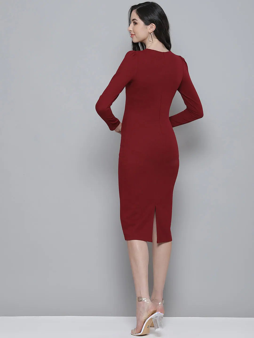 Maroon Rib Bodycon Dress - Puff Sleeves, Square Neck