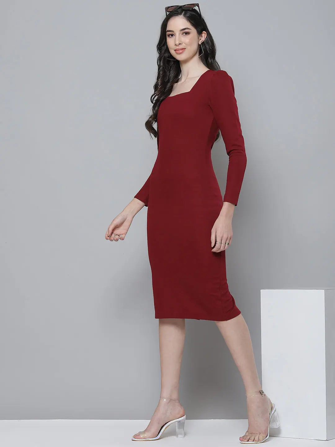 Maroon Rib Bodycon Dress - Puff Sleeves, Square Neck