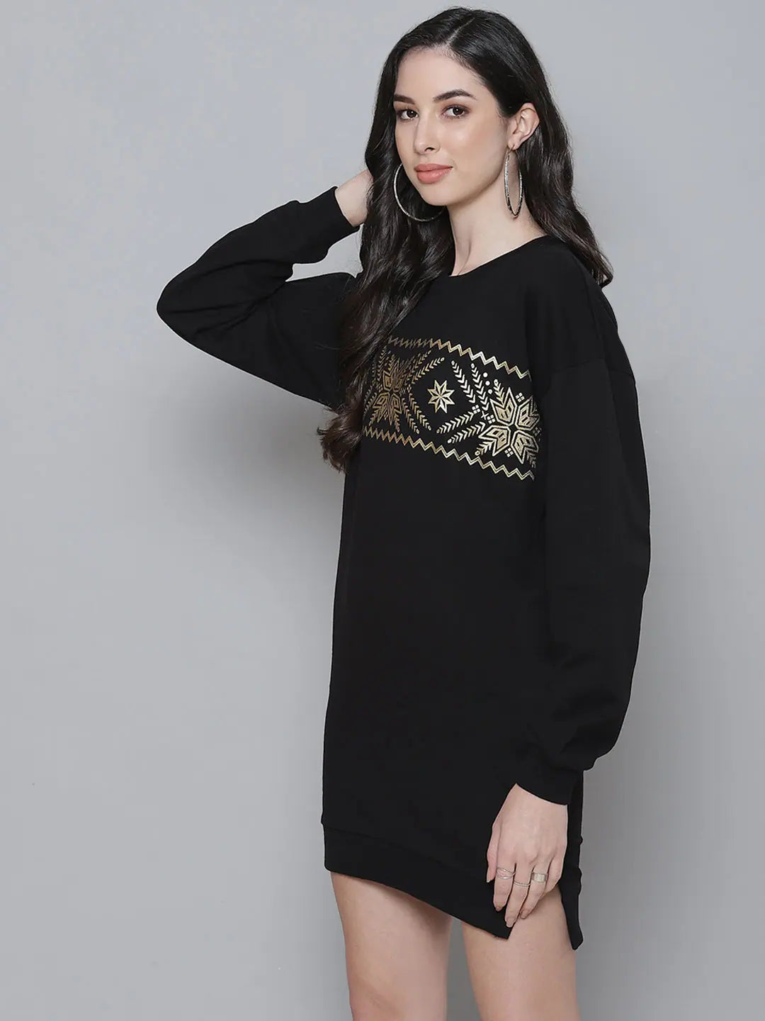 Black Terry Border Print Sweat Dress | Women's Lehenga