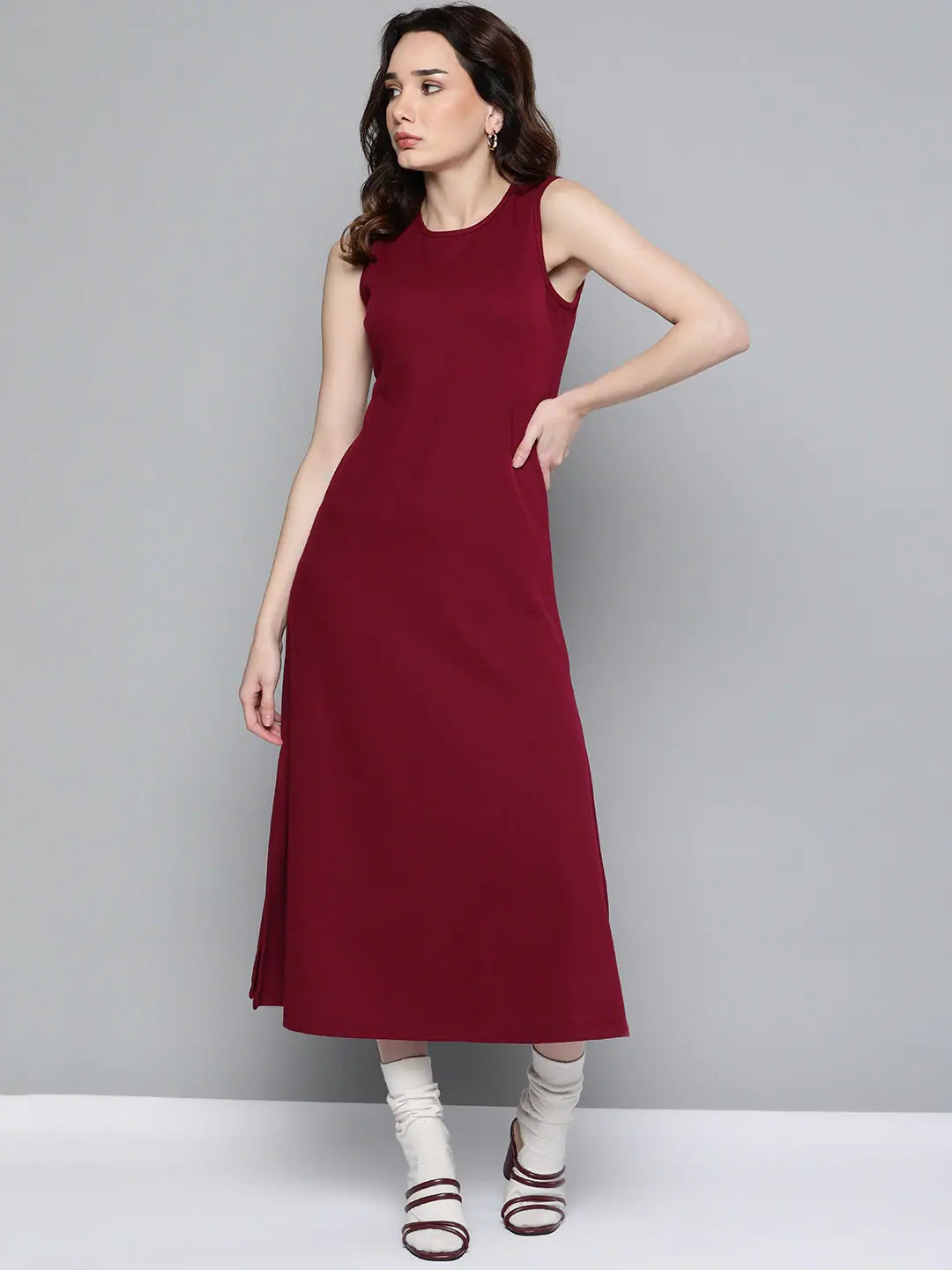 Maroon Maxi Dress - Rib A-Line Ankle Length Dress