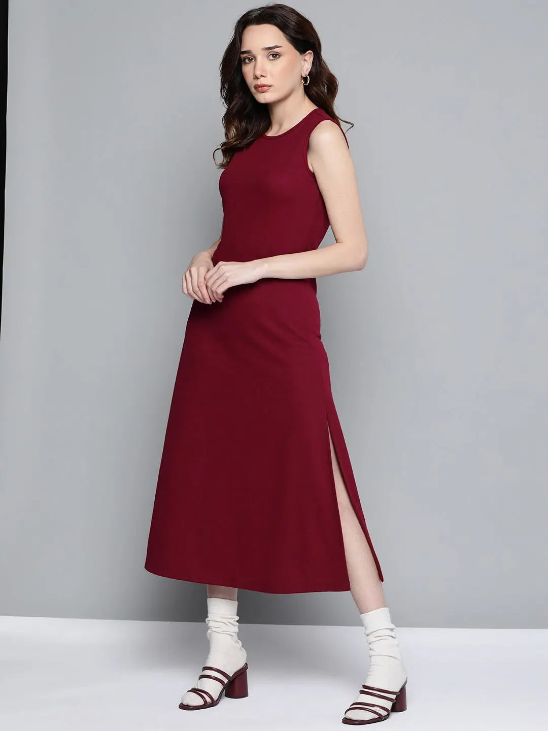 Maroon Maxi Dress - Rib A-Line Ankle Length Dress