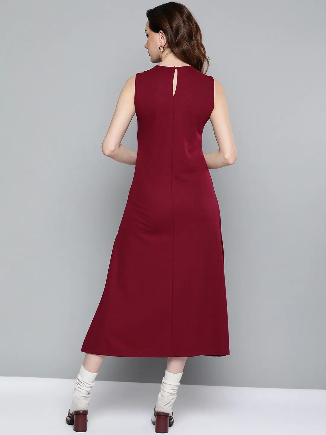 Maroon Maxi Dress - Rib A-Line Ankle Length Dress