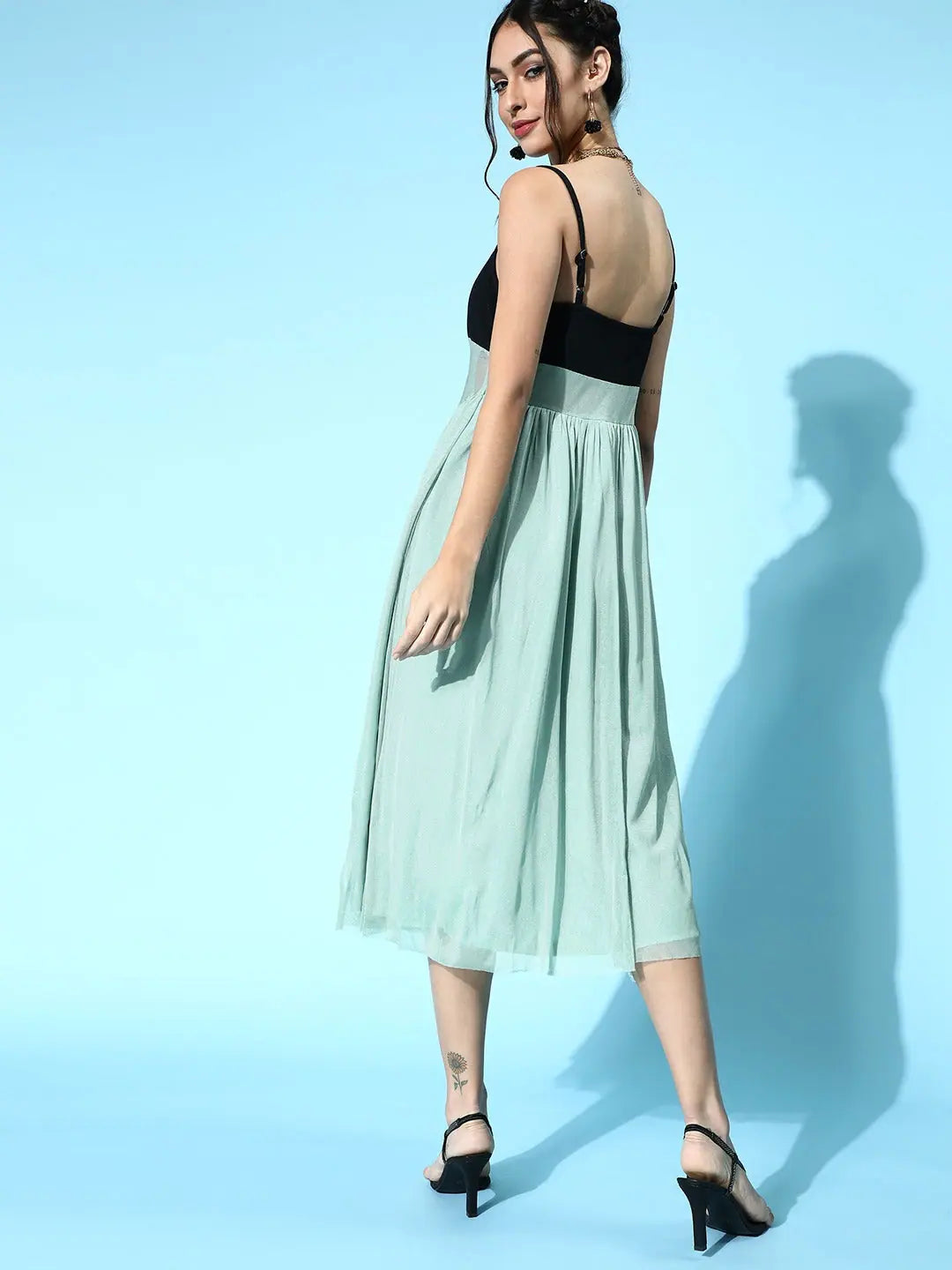 Sea Green Mesh Midi Dress | Strappy Fit & Flare Polyester Dress