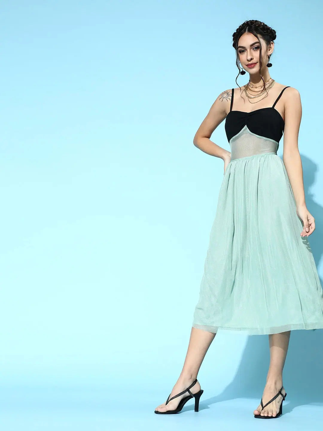 Sea Green Mesh Midi Dress | Strappy Fit & Flare Polyester Dress