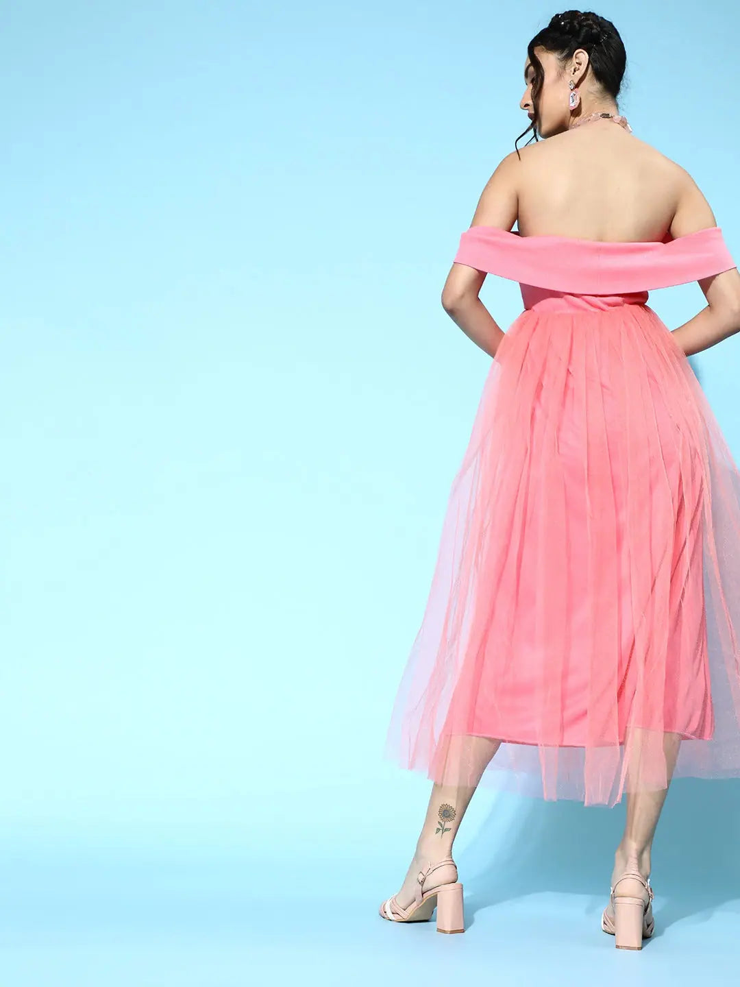 Pink Tulle Bardot Midi Dress | Flared Wedding Lehenga Style Dress