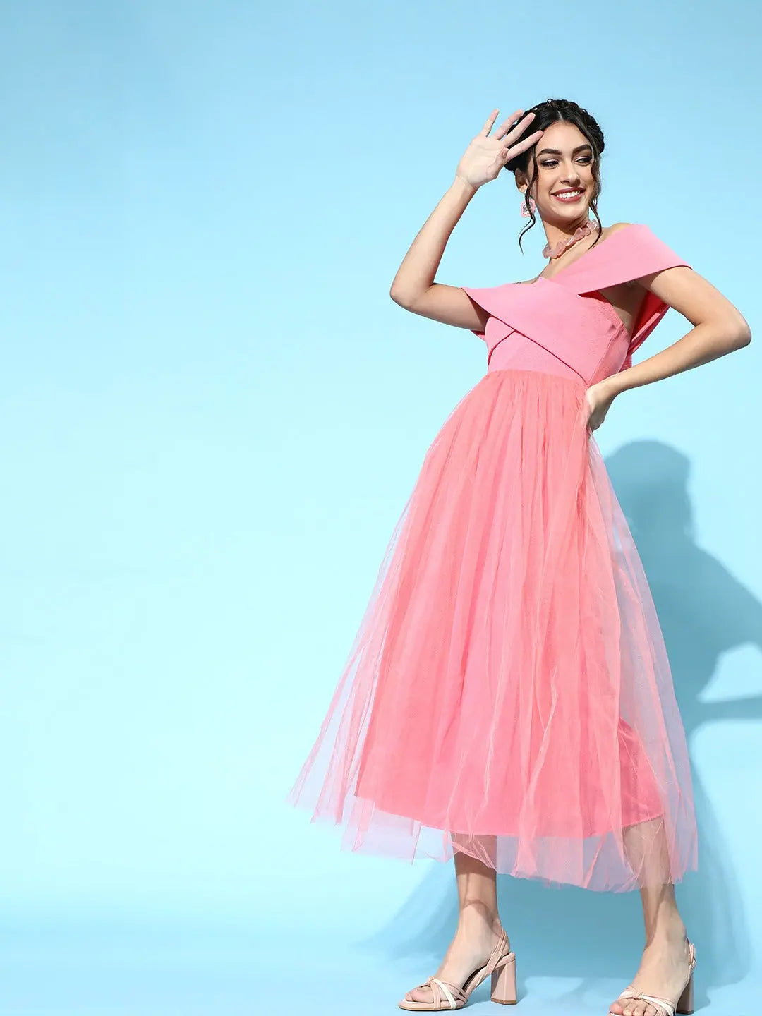 Pink Tulle Bardot Midi Dress | Flared Wedding Lehenga Style Dress