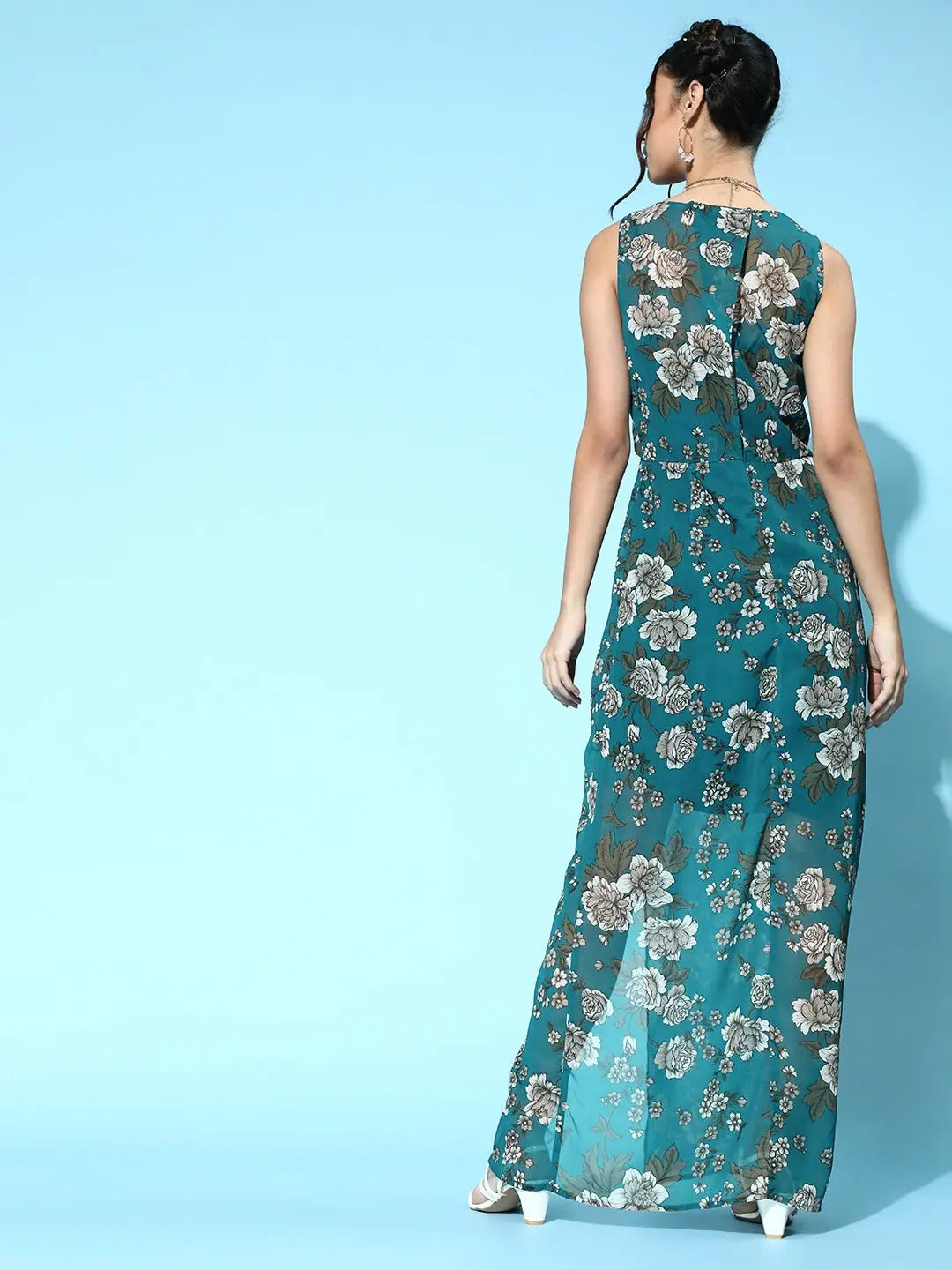 Teal Floral Maxi Dress | Polyester Georgette | Women's Lehenga