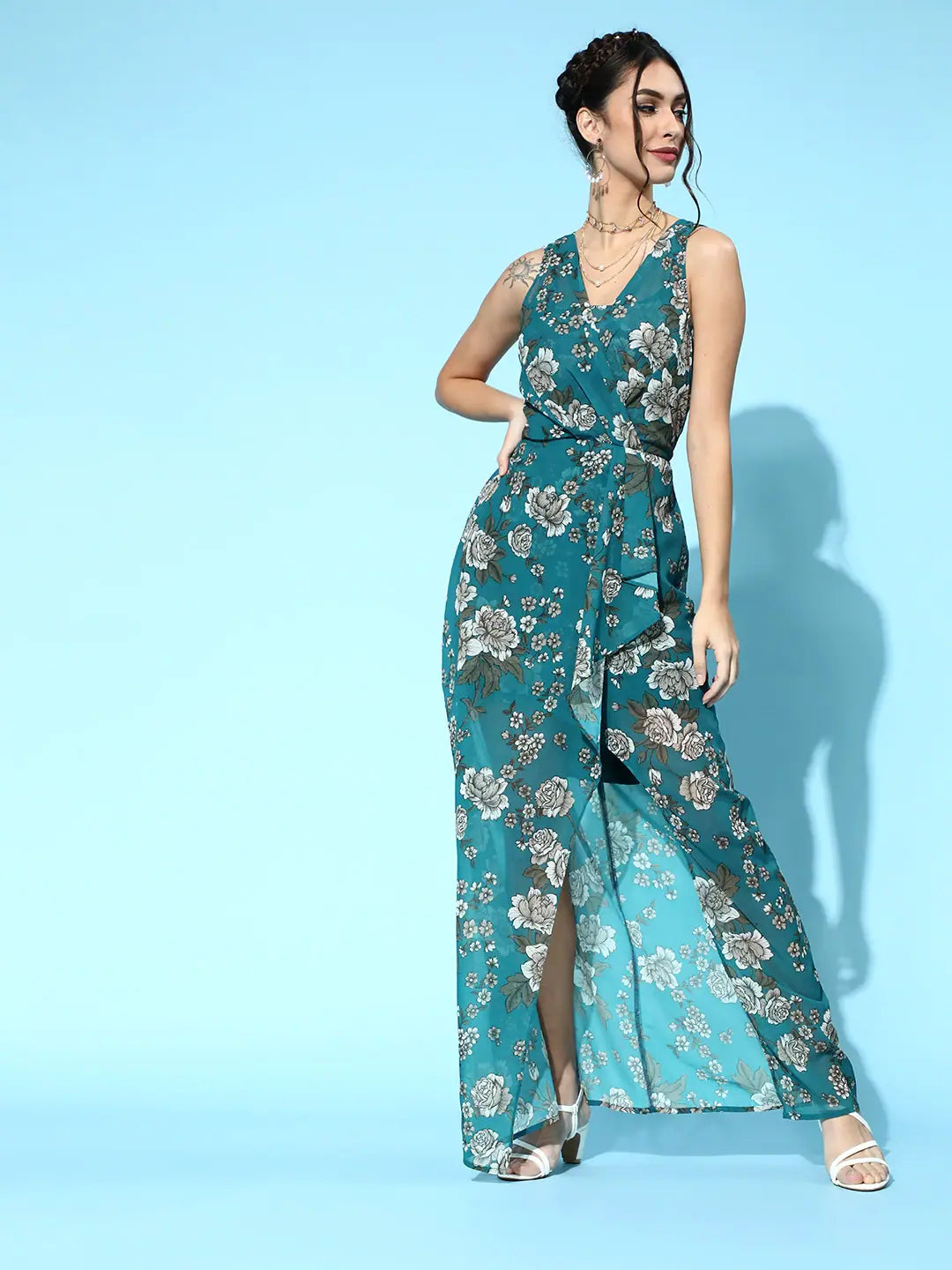 Teal Floral Maxi Dress | Polyester Georgette | Women's Lehenga