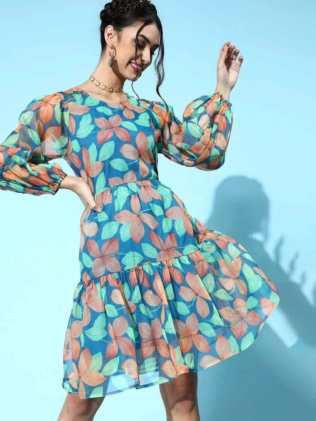 Blue Floral Organza Tiered Dress | Designer Lehenga Style