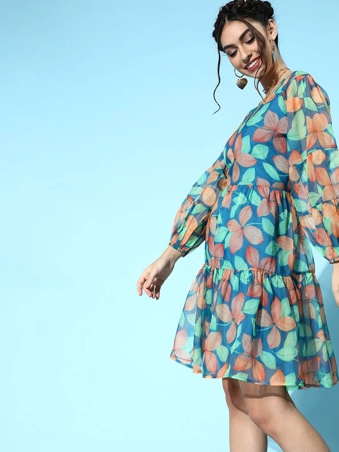 Blue Floral Organza Tiered Dress | Designer Lehenga Style