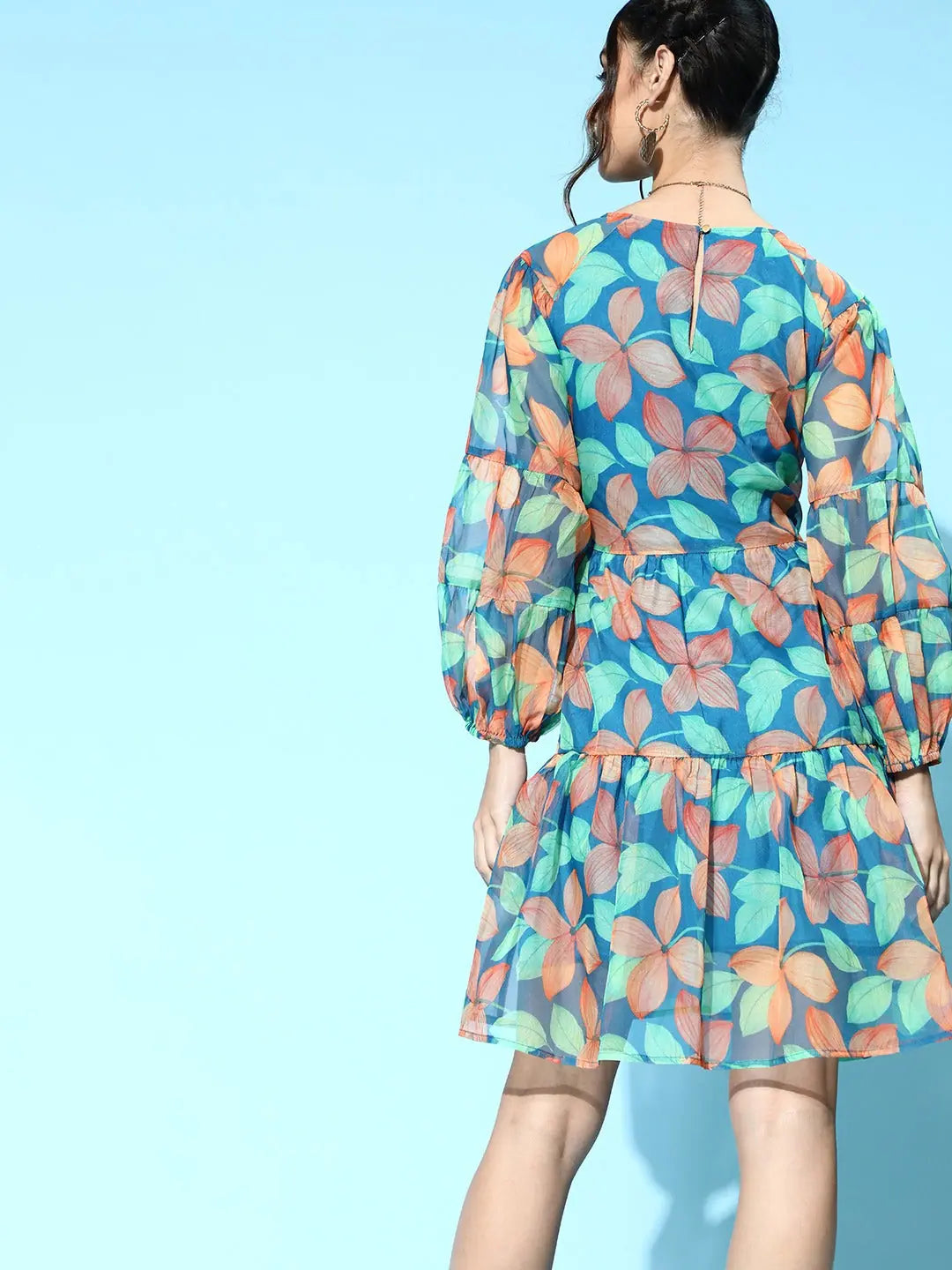 Blue Floral Organza Tiered Dress | Designer Lehenga Style