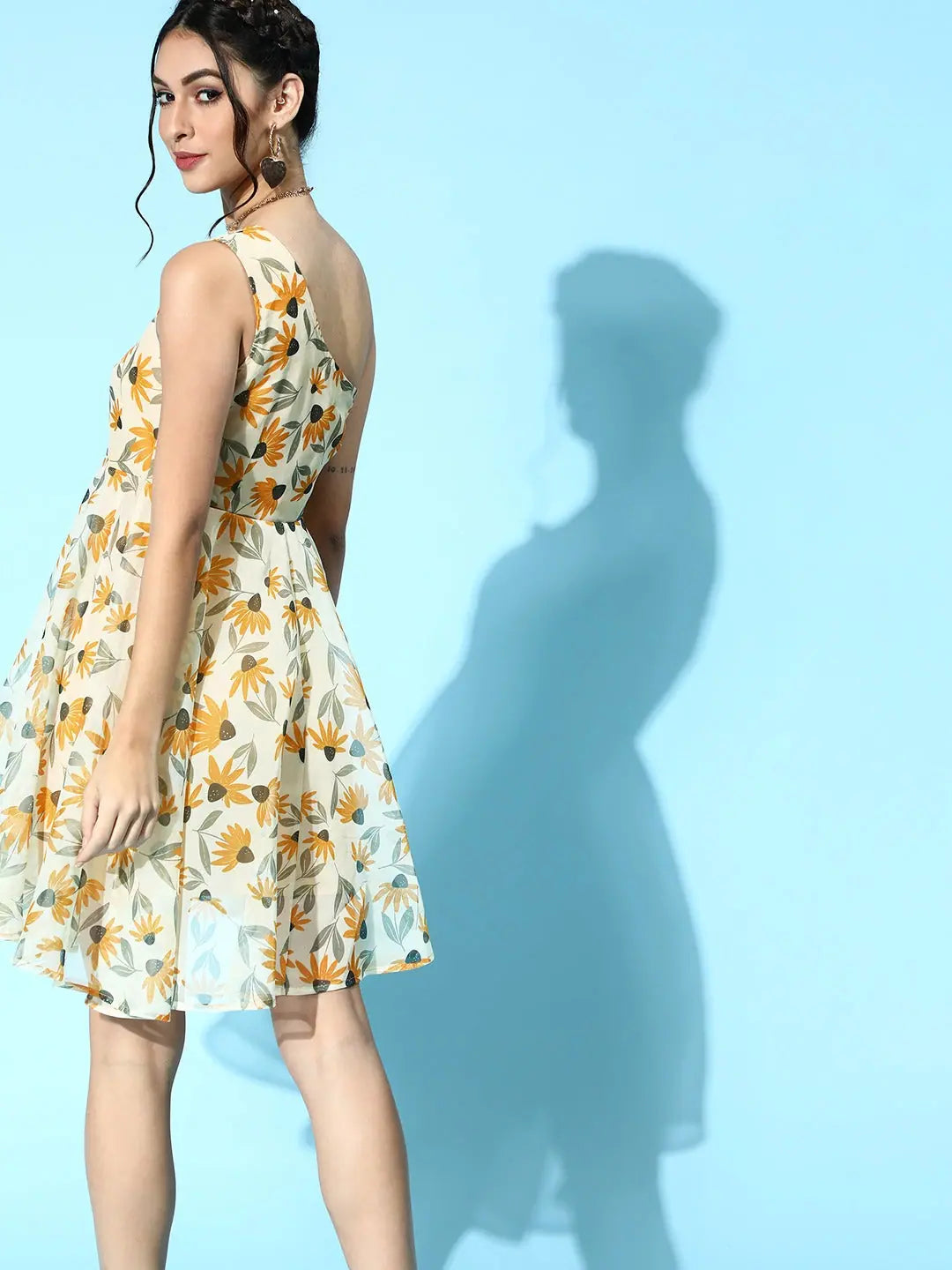 Yellow Floral Organza One Shoulder Party Wear Dress
