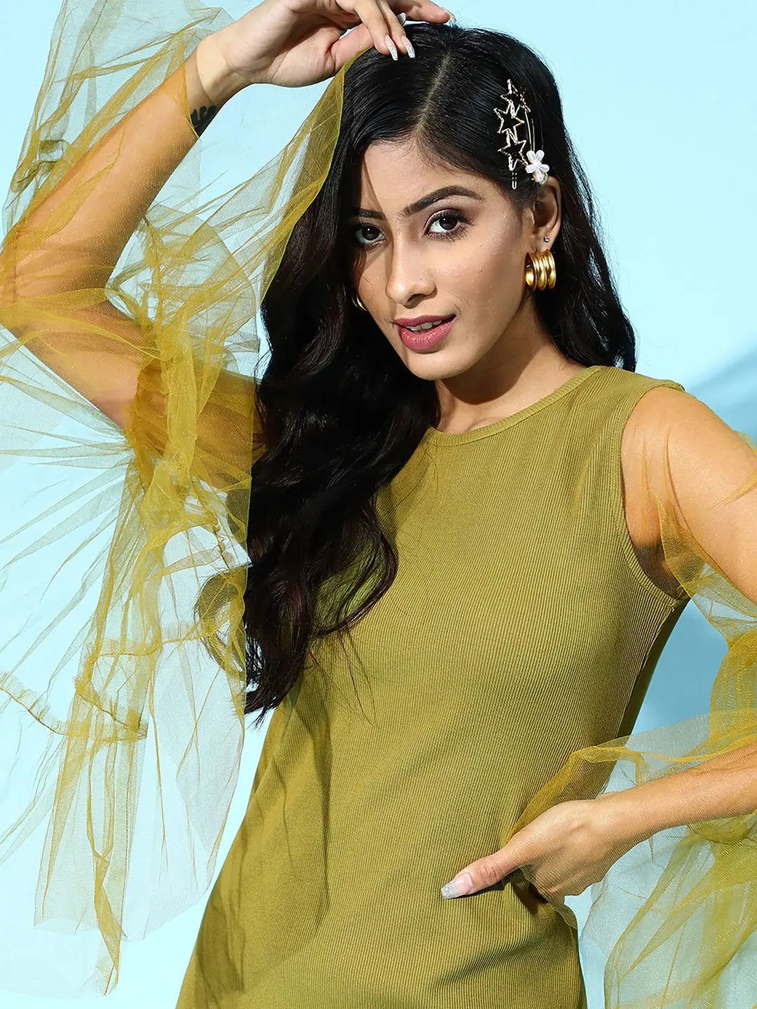 Green Tulle Bodycon Dress | Flare Sleeves | Party Lehenga