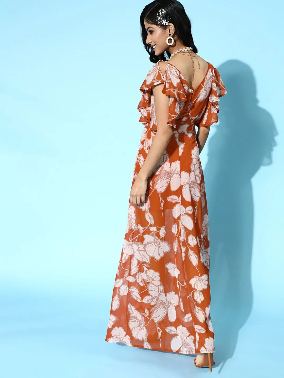 Brown Floral Maxi Dress with Frill Sleeves | Women's Lehenga