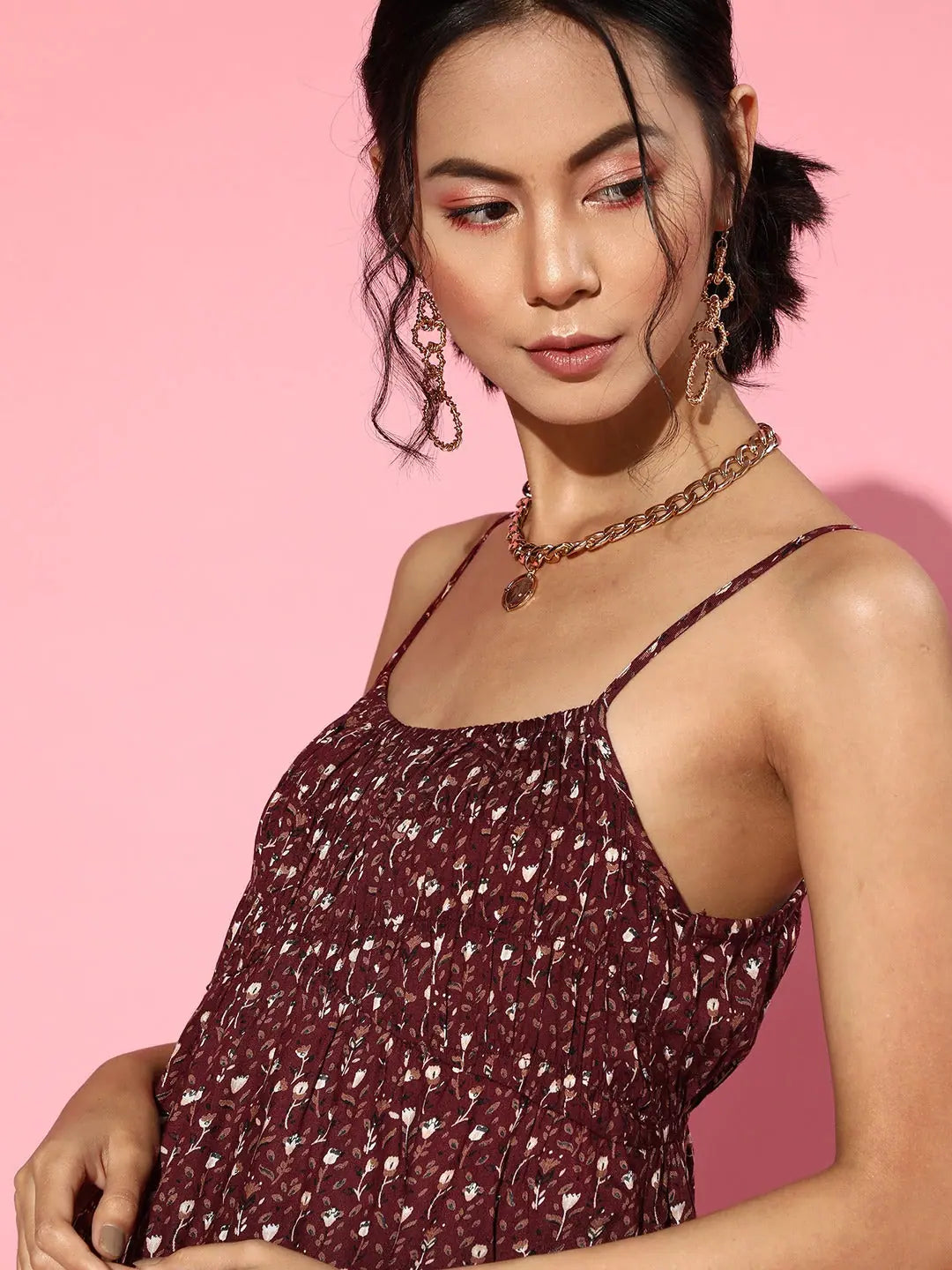 Maroon Floral Strappy Maxi Dress - Festive Lehenga Style
