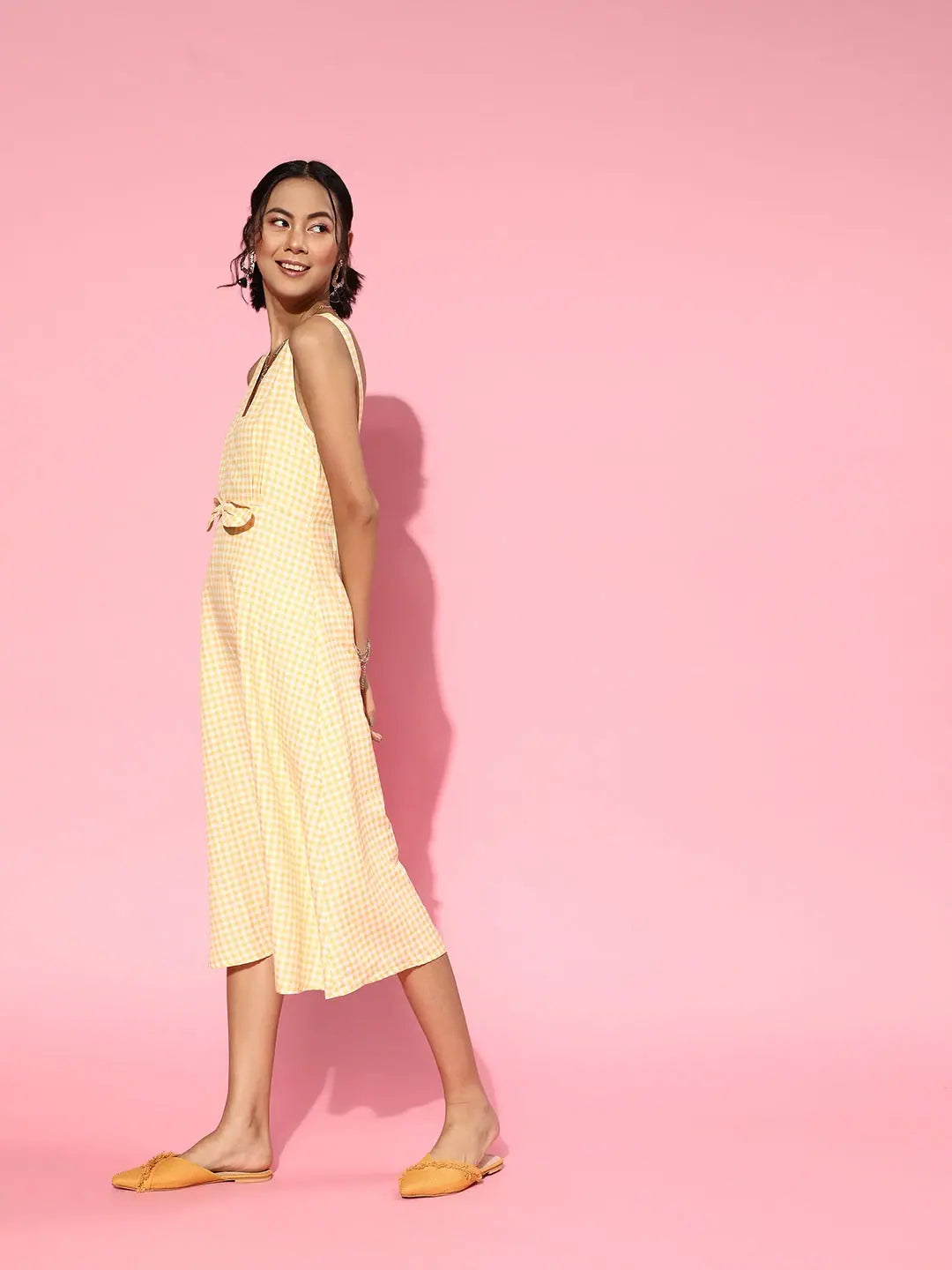 Yellow Gingham Midi Dress - Lehenga Choli Inspired Style