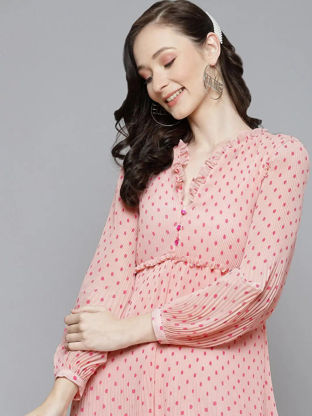 Pink Polka Dot Pleated Dress- Designer Women's Dress