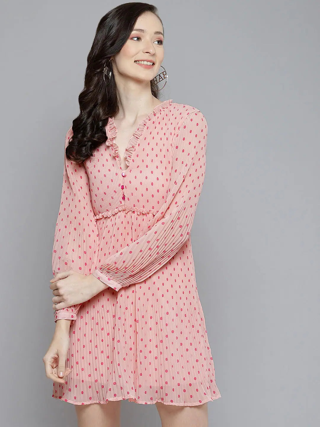 Pink Polka Dot Pleated Dress- Designer Women's Dress