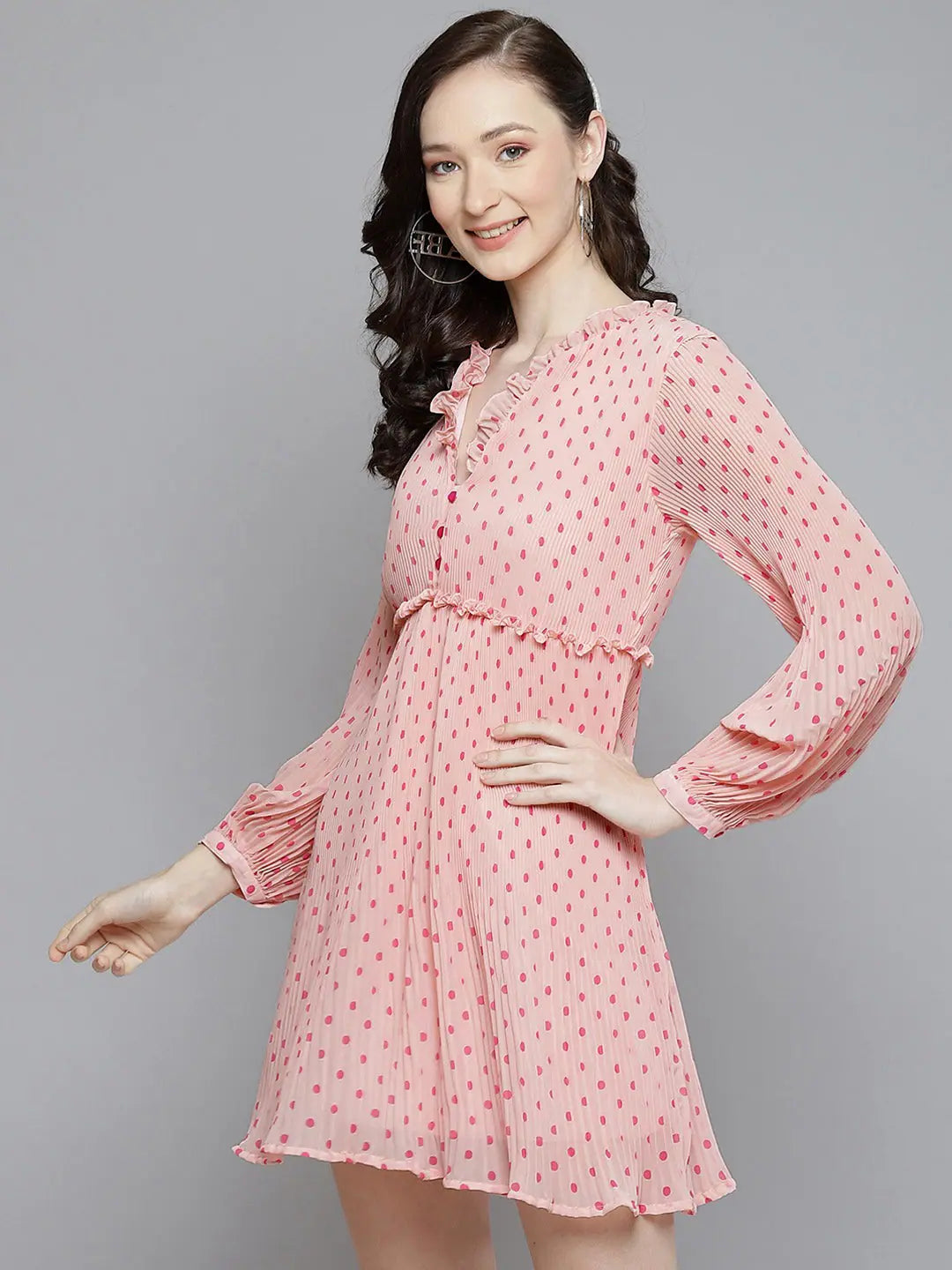 Pink Polka Dot Pleated Dress- Designer Women's Dress