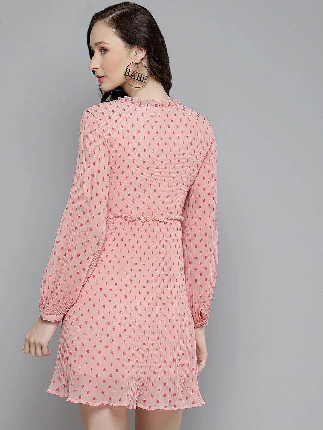 Pink Polka Dot Pleated Dress- Designer Women's Dress