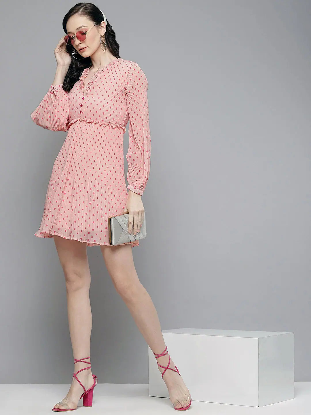 Pink Polka Dot Pleated Dress- Designer Women's Dress