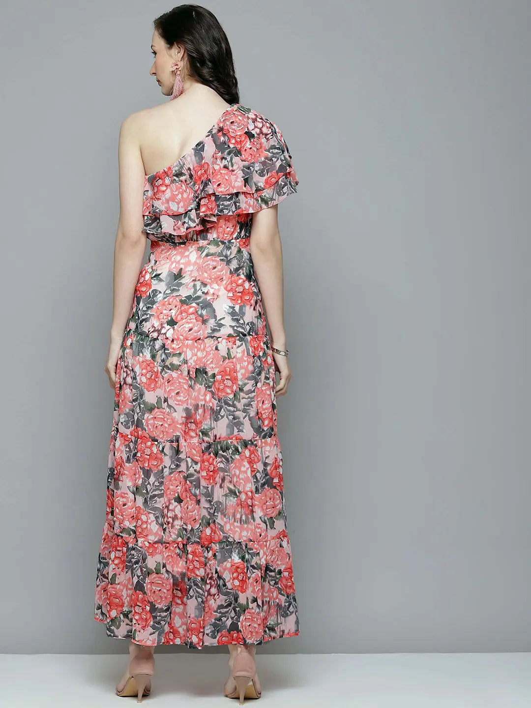 Peach Floral One Shoulder Maxi Dress | Designer Lehenga