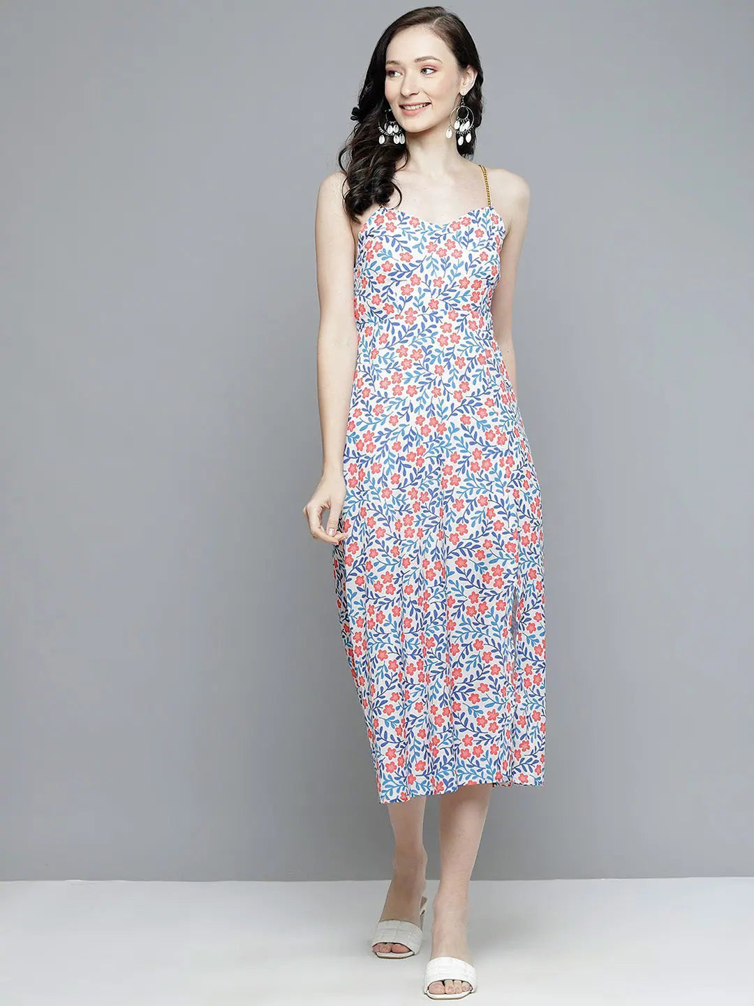 White Floral Strappy Side Slit Dress | Lehenga for Women