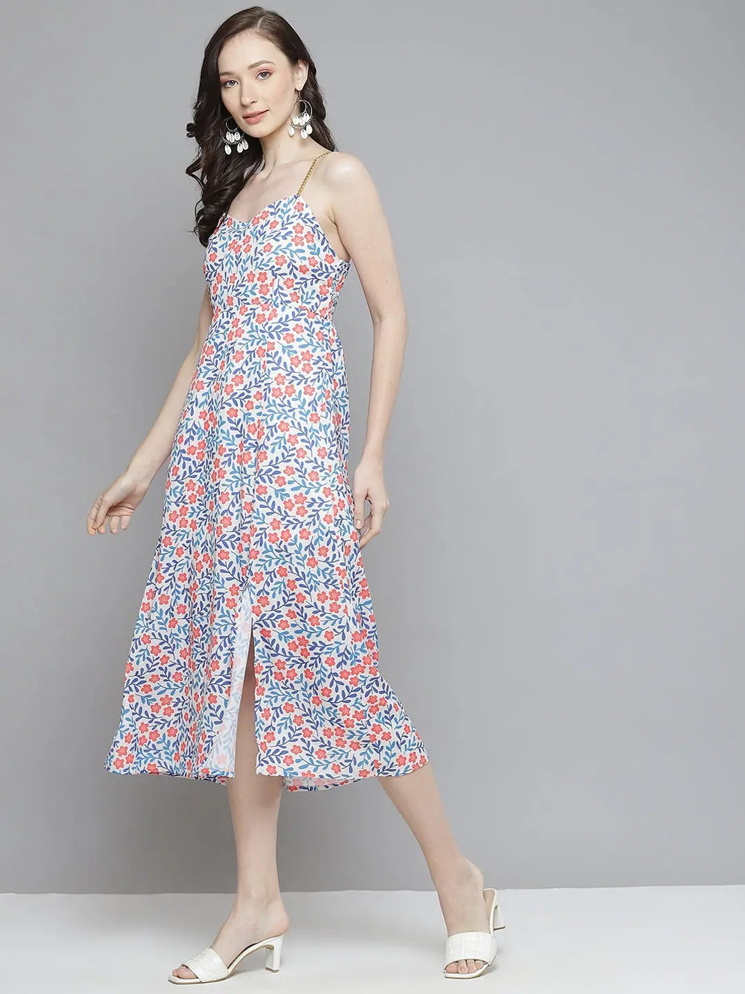 White Floral Strappy Side Slit Dress | Lehenga for Women