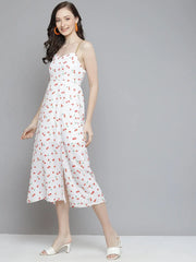 Women White Cherry Print Strappy Side Slit Dress
