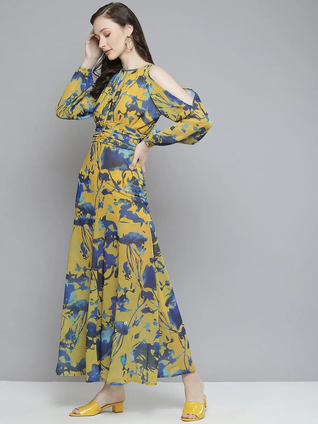 Floral Maxi Dress - Women's Cold Shoulder Maxi