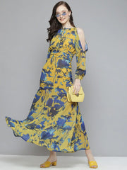 Women Mustard & Blue Floral Cold Shoulder Maxi