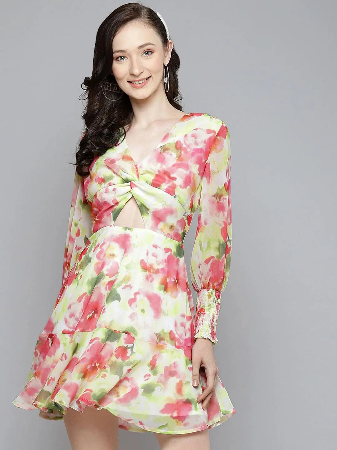 White & Pink Floral Knot Dress | Women's Lehenga Style