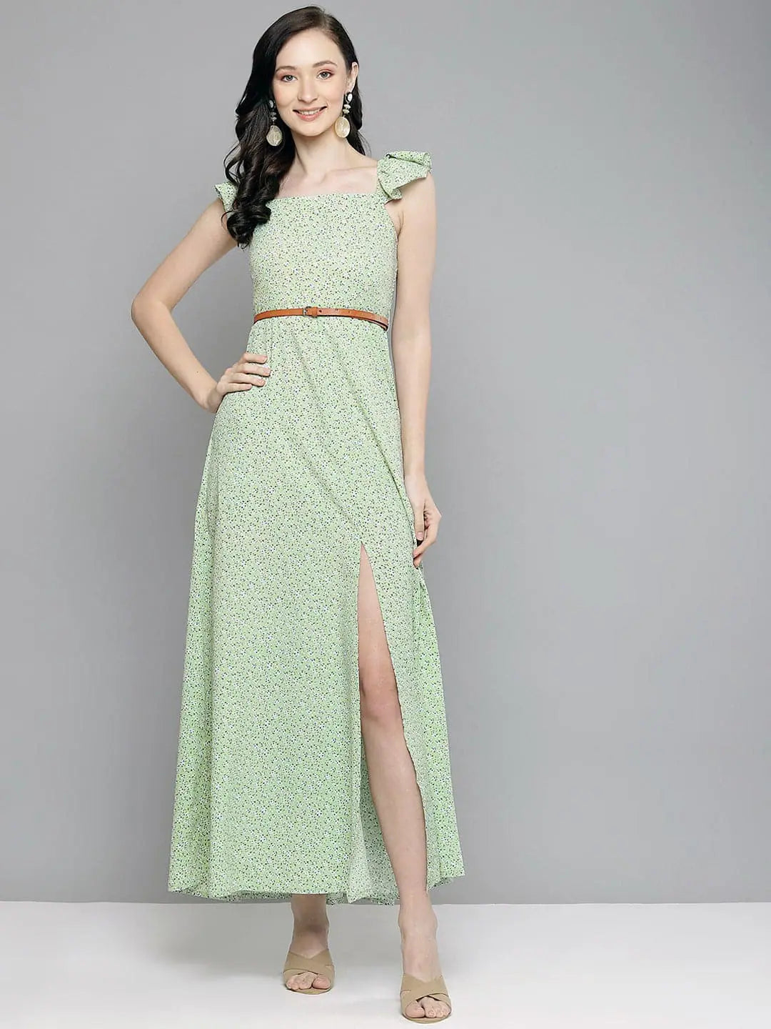 Green Floral Bardot Belted Maxi Dress | Ethnic Lehenga Style