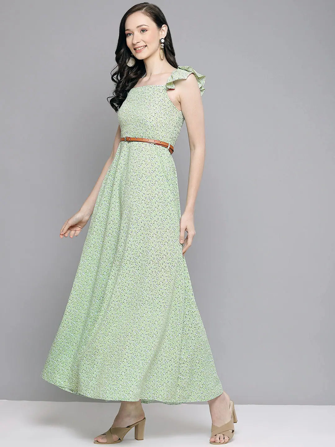 Green Floral Bardot Belted Maxi Dress | Ethnic Lehenga Style